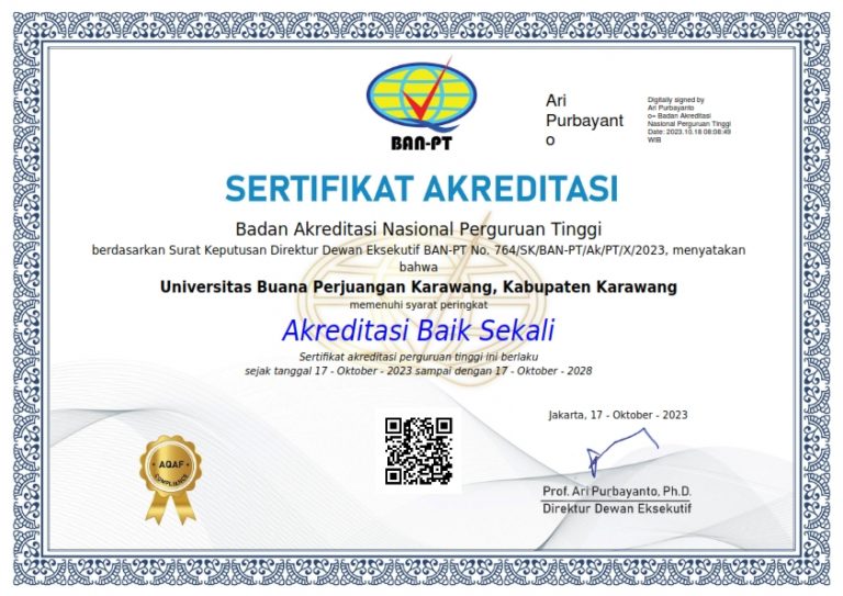 SELAMAT DAN SUKSES KEPADA UNIVERSITAS BUANA PERJUANGAN KARAWANG ATAS DIRAIHNYA PERINGKAT AKREDITASI INSTITUSI “BAIK SEKALI”